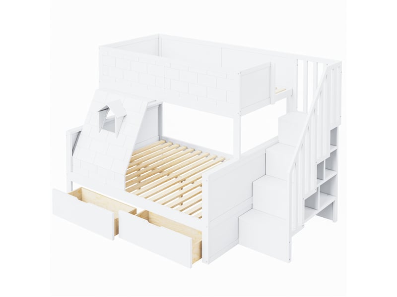  Modenvie lit superposé enfant 90x200140x200 cm - escalier avec rangement, 2 tiroirs - blanc  - Conforama A
