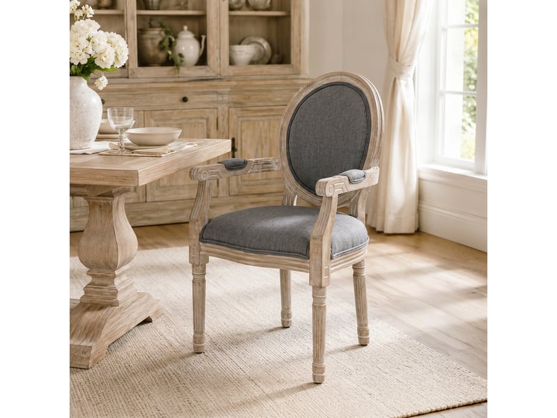  Chaise de salle à manger chaise de salon médaillon style louis xvi bois massif patiné sculpté tissu lin gris  - Conforama D