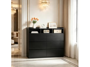 Commode noire 120 x 40 x 100 cm avec 6 tiroirs et 3 niches ouvertes, rangement
