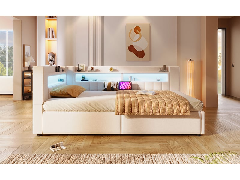  Lit banquette coffre 90 × 200 cm, coffre relevable, éclairage led, prises usb, beige  - Conforama B