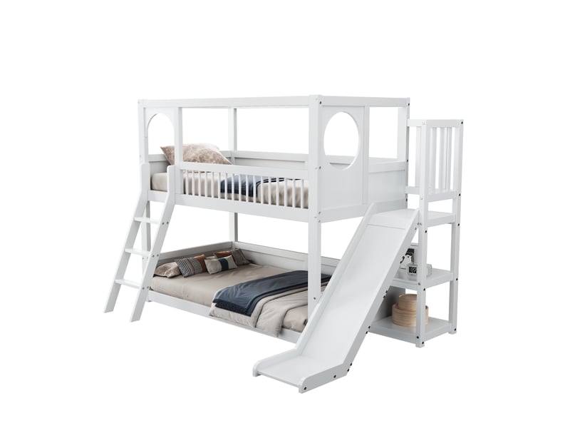  Lit superposé multifonctionnel pour enfant avec étagères, toboggan et rangement en pin blanc 90 × 200 cm  - Conforama A