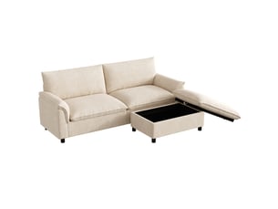 Canapé d'angle modulable 3 places, tissu chenille beige doux, assise profonde avec pouf coffre de rangement, convertible lit pour salon.