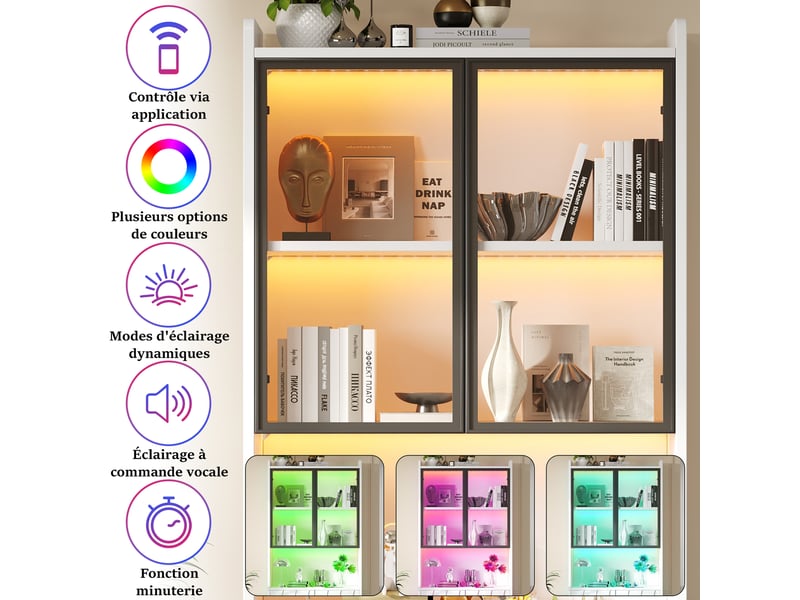 Lot de 2 vitrine blanche avec lumière led, vitrine avec portes et tiroirs, étagères de rangement, 160×35×200cm - Conforama B
