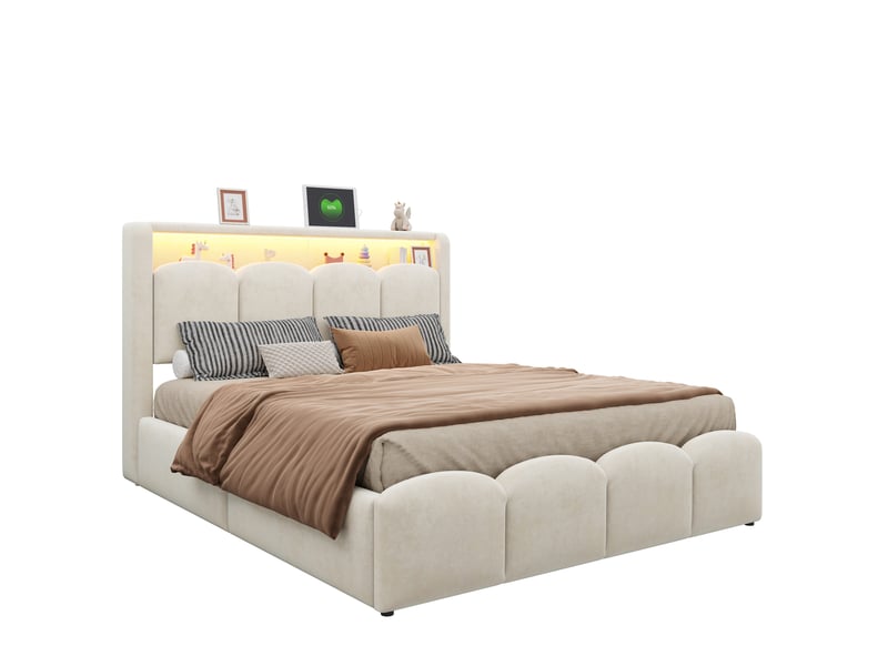  Lit coffre 140 × 200 cm 2 places avec rangement en tête de lit, usb, type-c et led, sans matelas, velours beige  - Conforama A