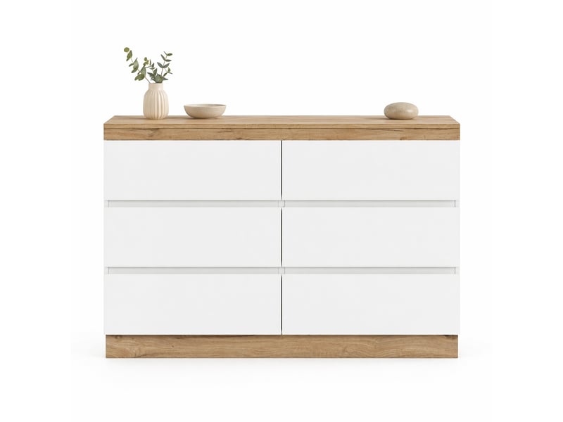  Commode avec 6 tiroirs de rangement, style classique, pour chambre et salon, en panneau de particules blanc et chêne  - Conforama A