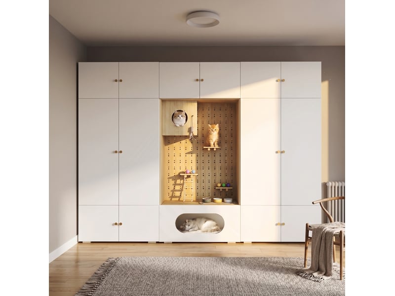 Armoire avec penderie, 11 niches et espace , pour chambre ou entrée, blanc et bois, 270 × 50 × 200 cm - Conforama B
