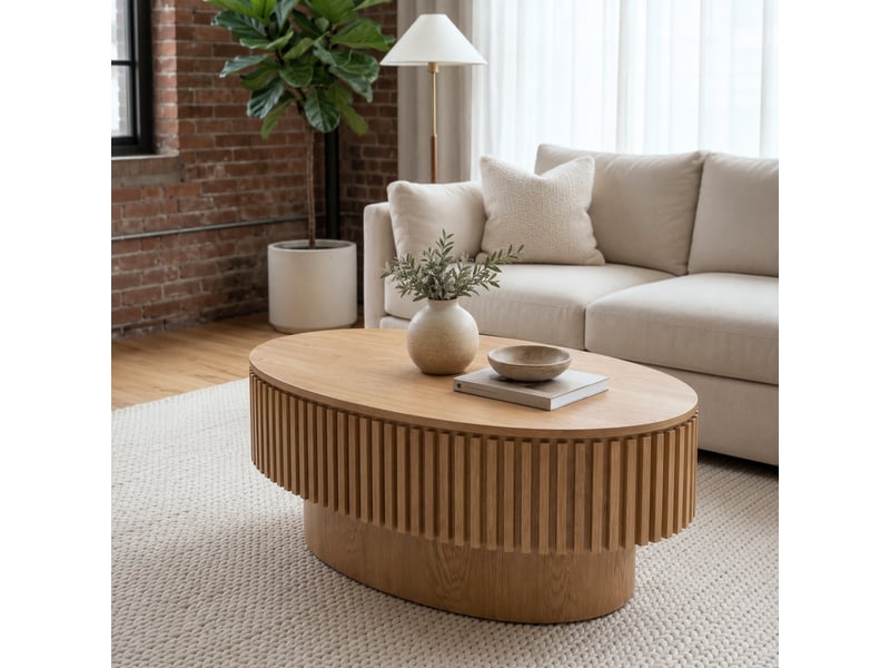  Table basse ovale cannelée bois naturel 98 cm, placage bois massif, rangement caché  - Conforama B