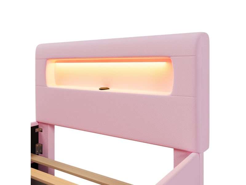 Lit rembourré 90 x 200 cm tête de lit à marche tiroirs de rangement éclairage led port usb pochettes de rangement rose - Conforama D