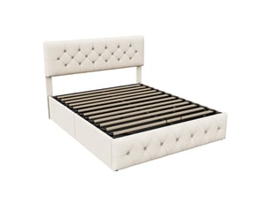 Lit coffre 2 places 140x200 cm, lit adulte avec rangement, tête de lit réglable, velours beige
