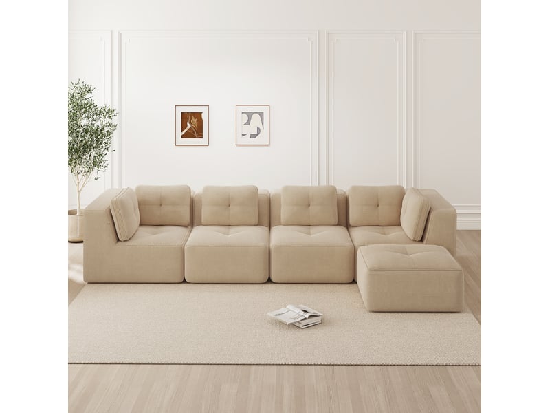 Canapé d'angle modulable 4 places en velours côtelé beige, sans structure rigide et assise profonde - Conforama B