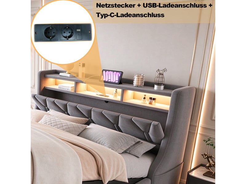  Lit coffre 140x200 cm en velours, tête de lit rabattable avec rangements, LED pilotable par application, prises USB, pieds larges - Gris  - Conforama E