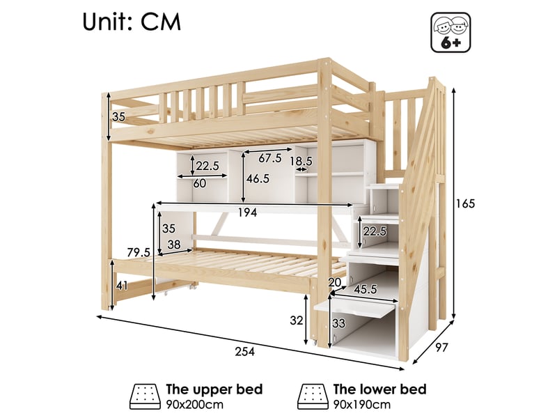  Lit superposé enfant 90x200 cm avec lit gigogne 90x190 cm et bureau, blanc et chêne  - Conforama C