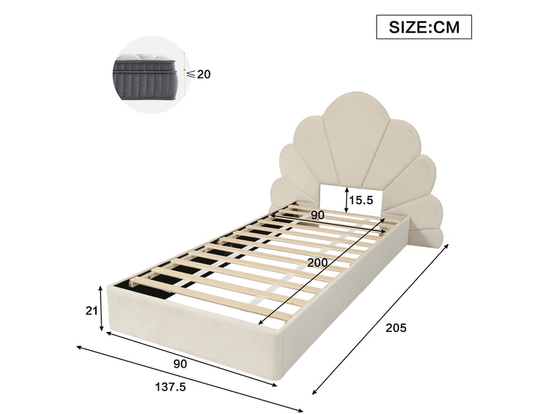  Lit enfant 90x200 cm, tête de lit à pétales courbés, sommier, velours beige, sans matelas  - Conforama C