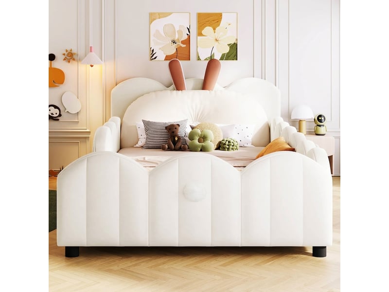  Lit plateforme capitonné 90x200 avec oreilles de lapin et barrières, beige  - Conforama D
