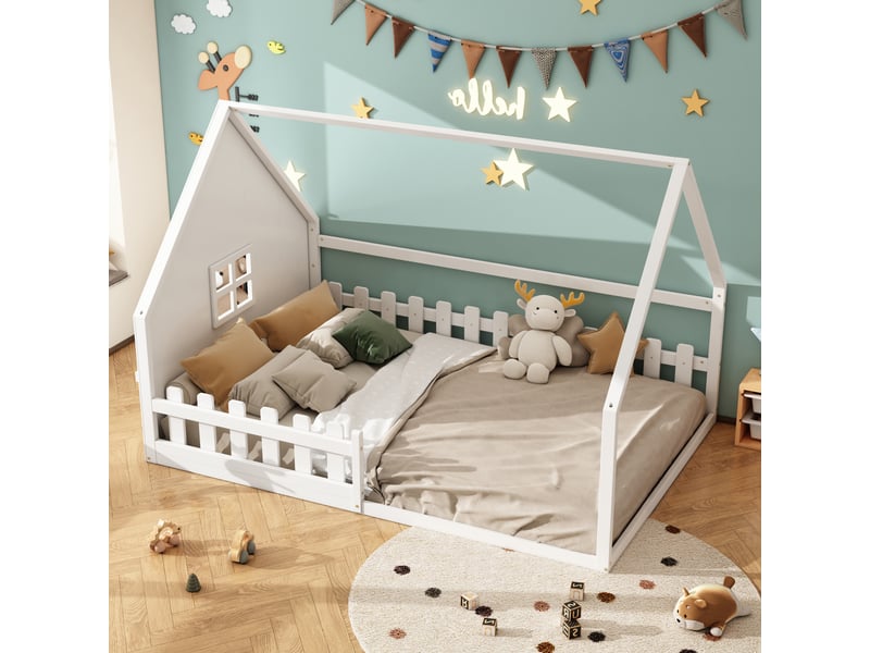  Lit cabane enfant 140 × 200 cm 2 places avec barrières de sécurité, sans matelas, en pin et mdf, blanc  - Conforama C