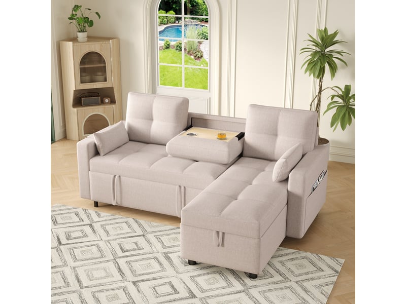 Canapé d'angle en forme de l convertible, doté d'un espace de rangement intégré et d'un porte-gobelet rabattable ; adapté aux salons et aux espaces similaires-beige  - Conforama E