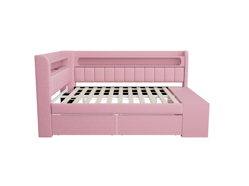 Canapé-lit rembourré 90 x 200 cm avec port usb et led, comprenant un meuble à chaussures et deux tiroirs, tissu lin, rose  - Conforama E