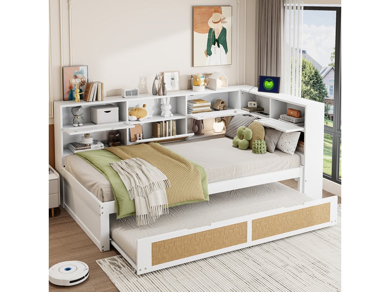  Canapé-lit en bois massif 90x200 cm avec lit gigogne, lit enfant avec port de recharge, lit 1 personne, blanc  - Conforama E