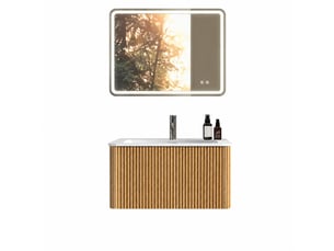 Ensemble meuble vasque suspendu 80 cm avec miroir led, finition chêne