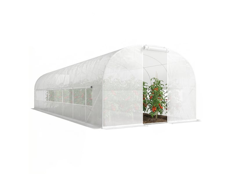 Serre tunnel de jardin 24m², serre de jardin tunnel avec cadre en acier galvanisé, portes et 2 grandes fenêtres, blanc  - Conforama A