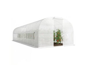 Serre tunnel de jardin 24m², serre de jardin tunnel avec cadre en acier galvanisé, portes et 2 grandes fenêtres, blanc