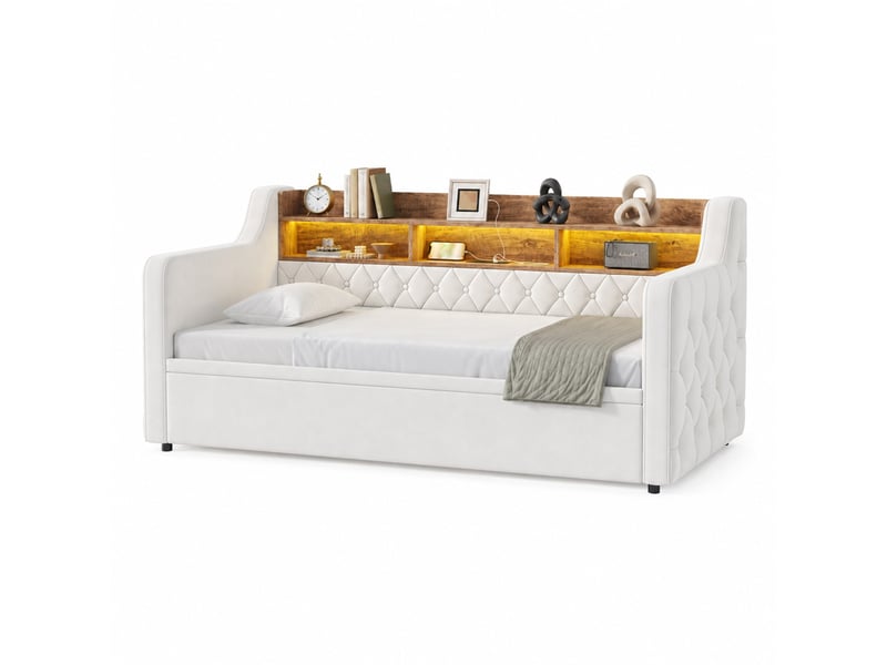  Lit gigogne avec rangement et led, ports usb et type c en velours beige  - Conforama A