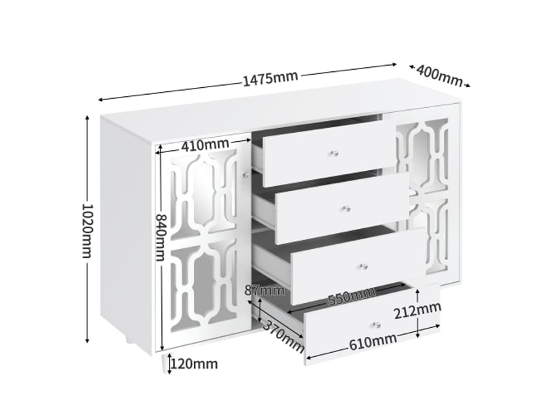  Nouveau buffet miroir blanc en matériau écologique avec poignée en cristal froid pour salon et salle à manger 147,5 x 40 x 102cm  - Conforama C