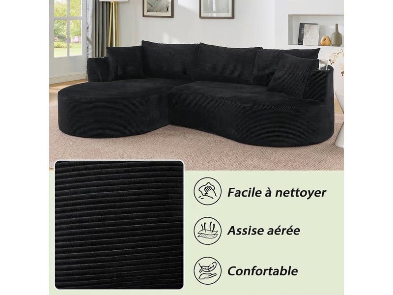  Canapé 3 places avec méridienne gauche design courbé velours côtelé doux porte-gobelets noir  - Conforama E