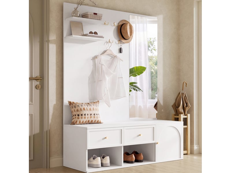  Meubles d'entrée avec miroir, 5 crochets, 2 tiroirs, placard, niches et banc bas pour hall blanc 120 × 35 × 159 cm  - Conforama B