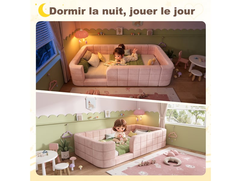  Lit enfant rembourré 90x190 cm avec barrières et entrée basse, lit au sol avec sommier à lattes inclus, tissu chenille, rose OPULERANE TRADING LTD - Conforama C