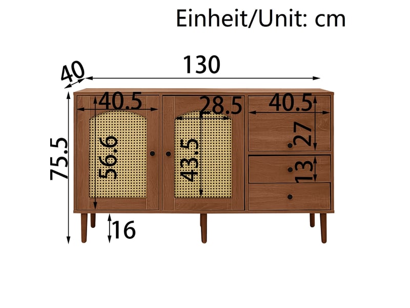  Buffet 130x40x75,5 cm style campagne, panneau de particules, couleur bois  - Conforama E