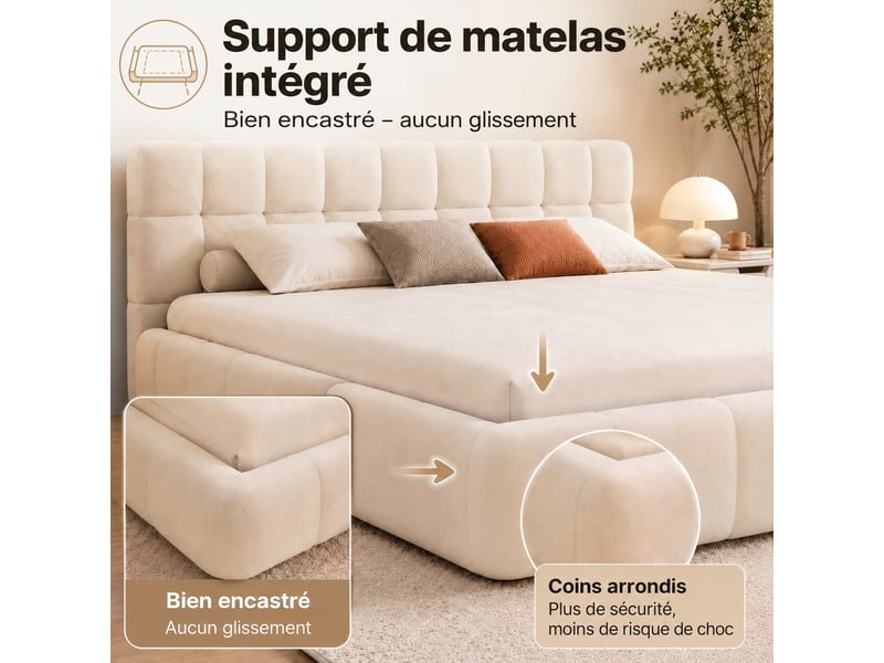 Kefsr lit capitonné 160x200 cm - cadre de lit double rembourré en tissu coton-lin beige avec sommier à lattes et tête de lit matelassée design moderne - Conforama E