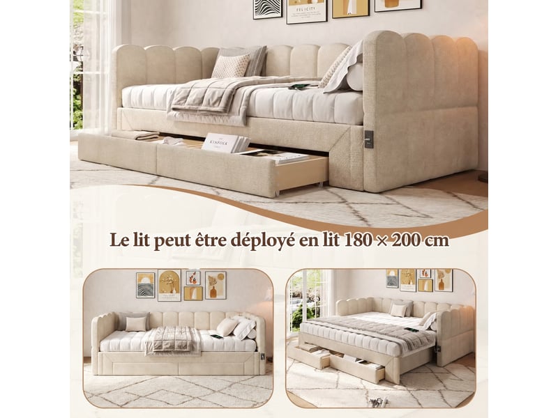  Lit rembourré 90x200 cm, canapé-lit extensible 90-180x200cm avec 2 tiroirs, ports usb &amp; type-c, chenille beige  - Conforama E