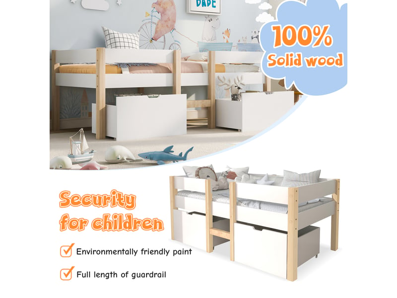  Lit mezzanine enfant 190×90 cm avec 2 tiroirs, échelle et barrière de protection, sans matelas, en pin massif blanc  - Conforama E