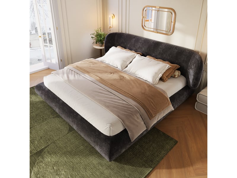  Lit 2 places 160x200 cm, tête de lit rembourrée, sommier à lattes, coins arrondis, cadre rembourré, chenille pour chambre - gris  - Conforama E
