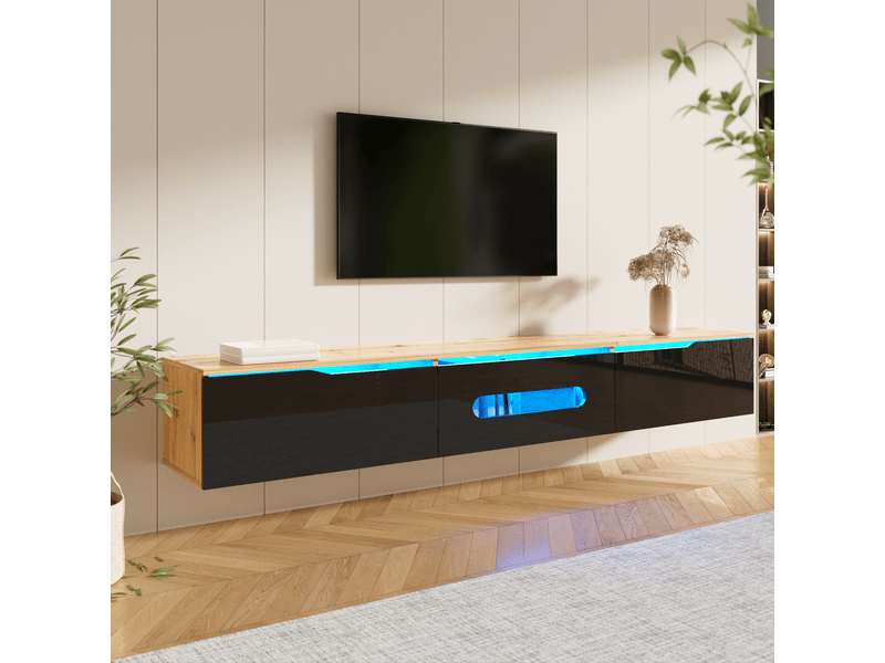  Meuble tv 180cm, montage mural avec finition brillante et éclairage led 16 couleurs meuble tv avec rangement  - Conforama B