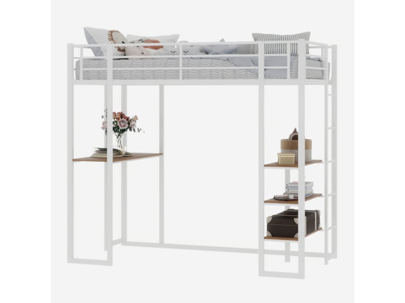 Lit mezzanine 90x190 cm, lit enfant avec bureau, étagères ouvertes, en métal blanc, sans matelas - Conforama E