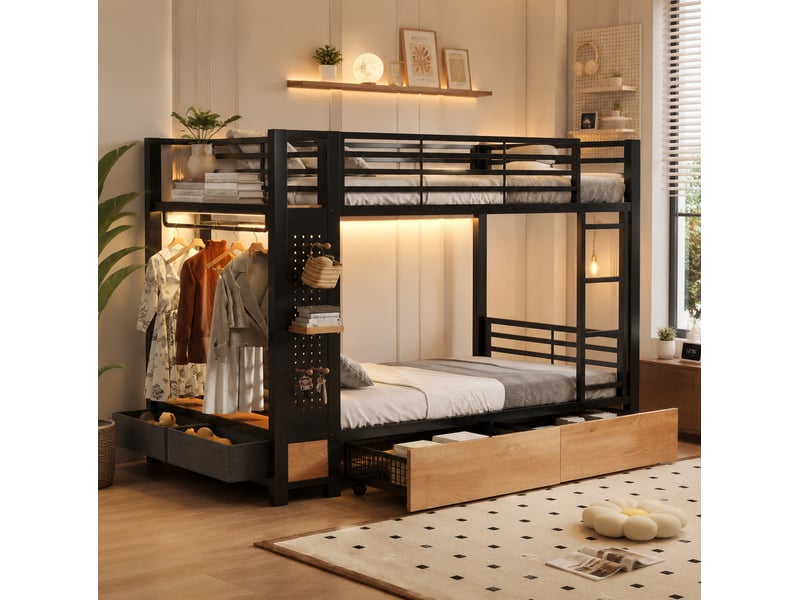  Lit superposé 90 x 200 cm avec led, 4 tiroirs, penderie, métal et mdf noir  - Conforama D