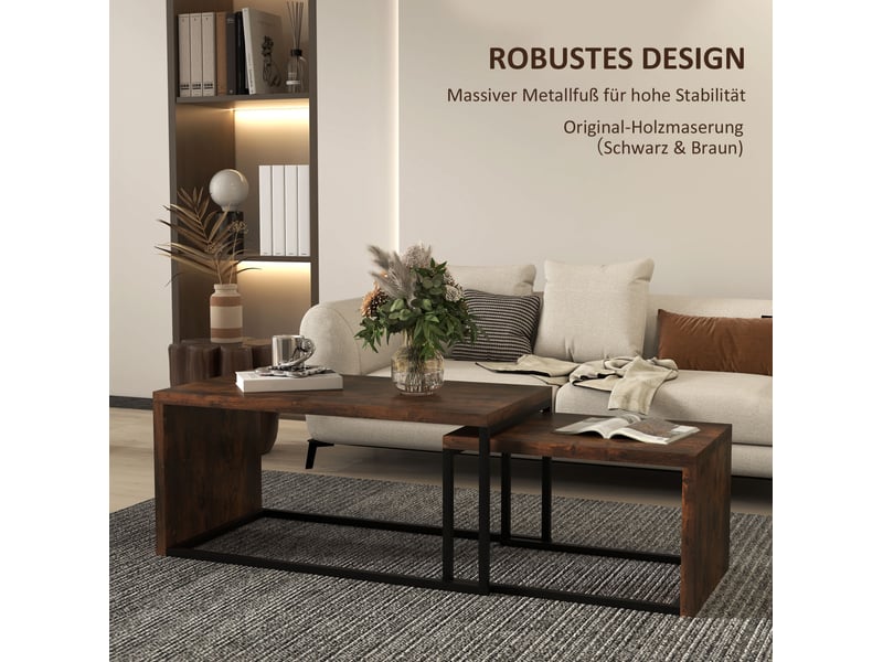  Tables basses gigognes avec 2 plateaux, structure métallique, forme compacte, pour salon, bois rustique et noir  - Conforama C