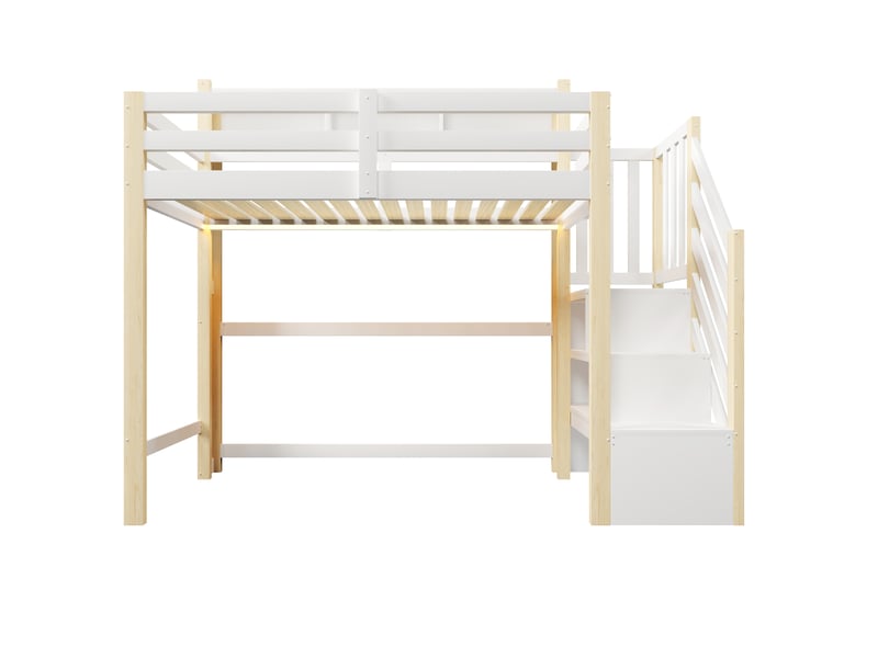  Lit mezzanine blanc et naturel 90x200 cm, led, espace inférieur et escalier-rangement  - Conforama A