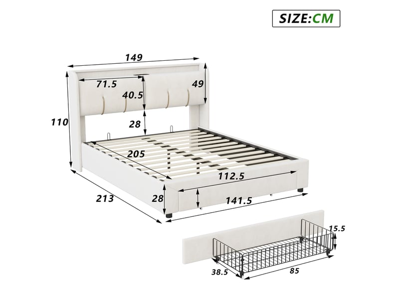 Lit coffre 140x190 cm velours beige - led intégrée - rangement hydraulique  - Conforama R