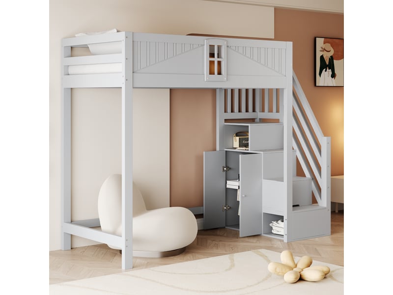  Lit mezzanine 90x200 cm avec échelle et rangements intégrés, montage à gauche ou à droite, garde-corps avec fenêtre, bois, gris Morn Vibe - Conforama B