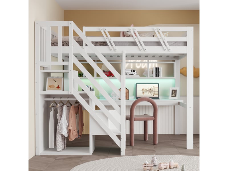 Lit double en bois massif 140x200 cm, lit avec bureau, port usb et éclairage led, lit simple, lit 1 personne, blanc  - Conforama W