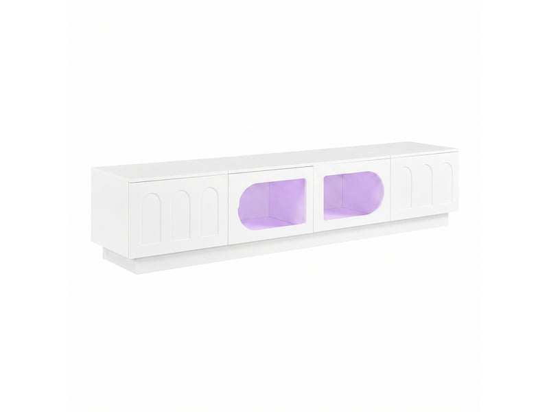  Meuble tv 200 x 40 x 42 cm blanc mdf et panneaux de particules, 4 portes avec éclairage led piloté par application  - Conforama D