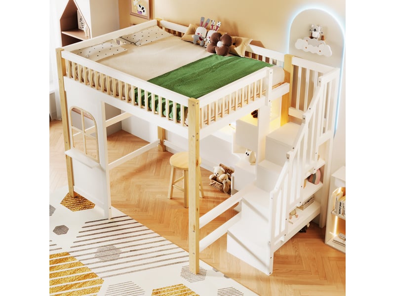  Lit mezzanine 140x200 cm avec led, fenêtre style maison et rangements, bois et mdf, blanc et naturel, sans matelas  - Conforama W