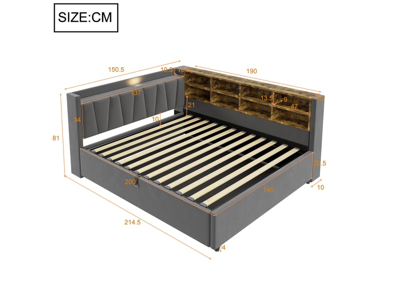  Lit coffre double 140x200 cm avec rangement, usb et type-c gris foncé  - Conforama C