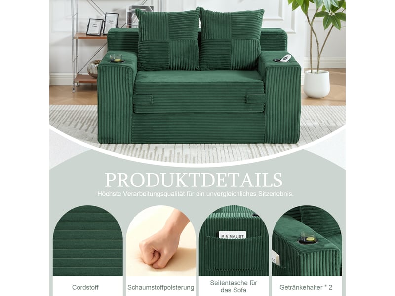  Canapé droit moderne vert émeraude velours côtelé avec rangement intégré et coussins inclus pour salon contemporain  - Conforama D
