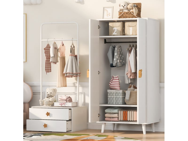  Armoire enfant 2 portes 70 x 55 x 170 cm avec rangement, blanc et bois  - Conforama D