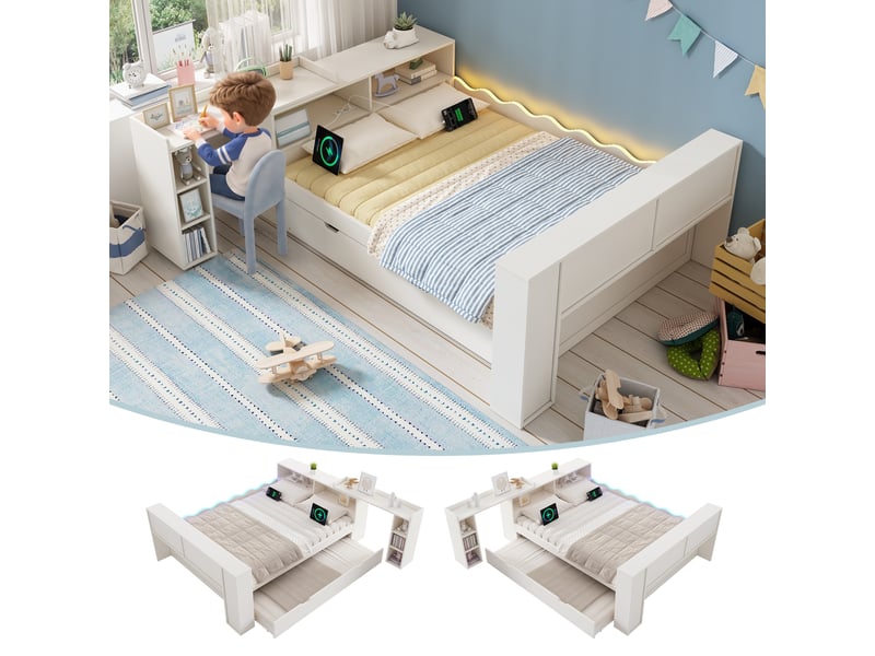 Lit gigogne 140 × 190 cm avec couchage 90 × 190 cm, bureau, prises et led Fay Lum - Conforama B