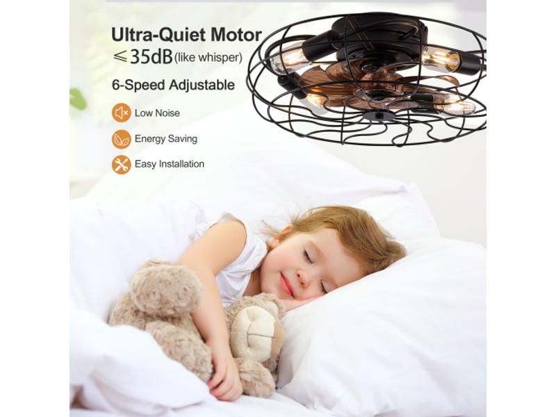  Ventilateur de plafond cage avec lumière 19 pouces, 6 vitesses, moteur réversible, télécommande, en métal noir et noyer  - Conforama E